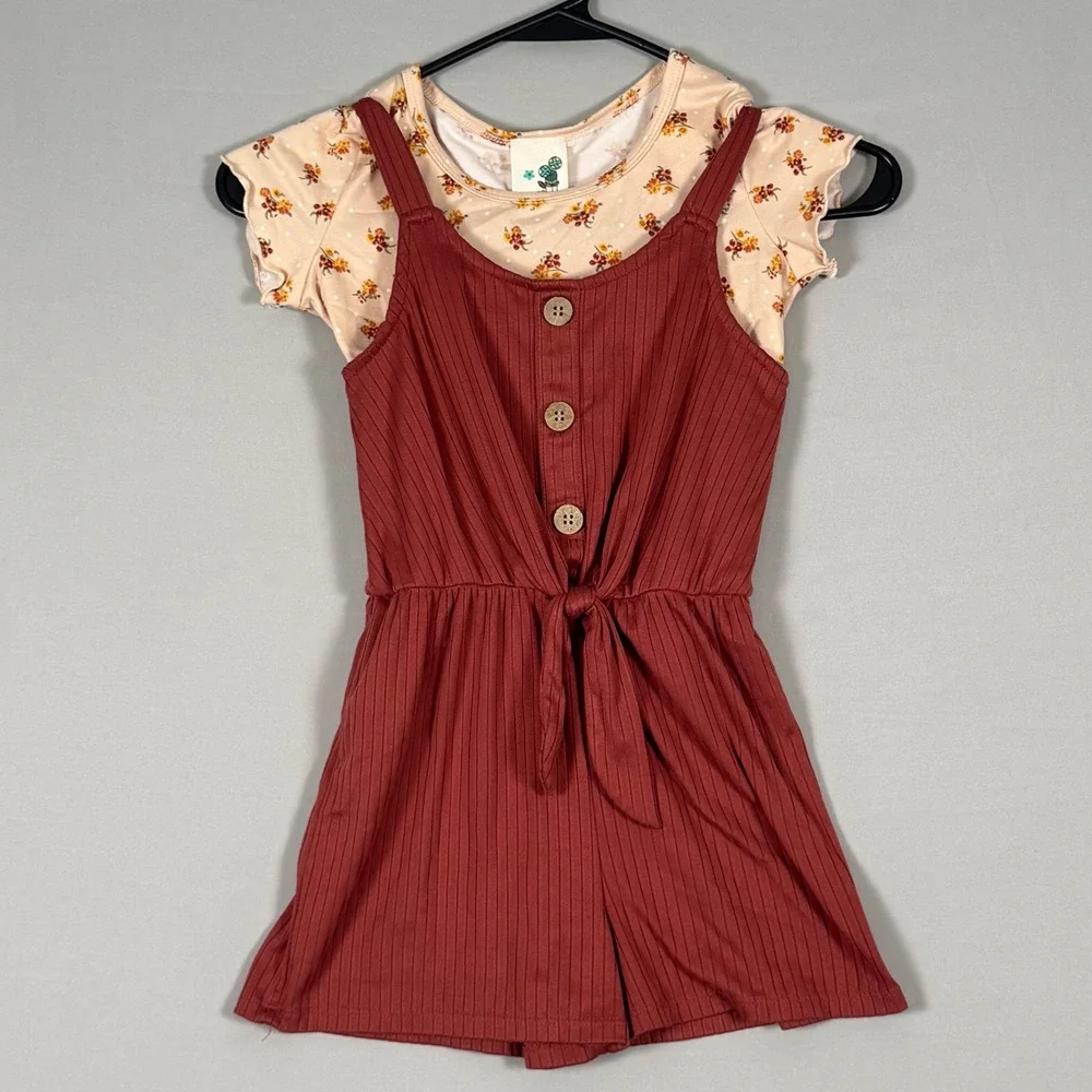 Lily Bleu Romper Set Kids Size 7 Rust Red Floral Ribbed 2pc NWOT